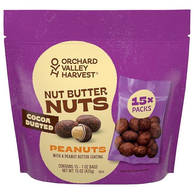 Orchard Valley Harvest Nut Butter Nuts Cocoa Dusted, Peanut Butter Coated Peanuts, 1oz Bags (Pack of 15), Made with Real Peanut Butter, Perfect On-The-Go & Portion Control Snack