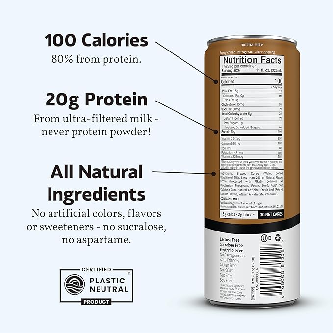 Slate Milk - High Protein Iced Coffee - Mocha Latte - 175mg Caffeine, Lactose Free Energy - 20g Protein, 1g Sugar, 110 Calories, 3g Net Carbs, No Sugar Added - Protein Coffee - 11 fl oz, 24 Cans