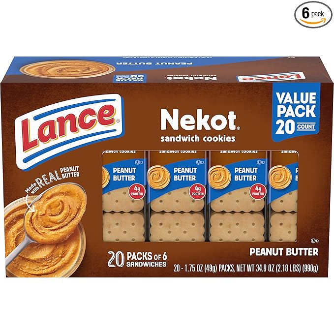 Lance Sandwich Cookies, Nekot Peanut Butter, 20 Individually Wrapped Packs, 6 Sandwiches Each (Pack of 6)