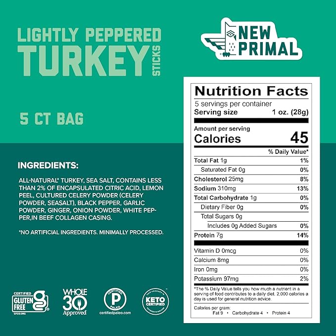 New Primal Lightly Peppered Turkey Sticks, Keto & Gluten Free Healthy Snacks for Adults, Sugar Free Low Carb High Protein Snack, Paleo Whole30 Jerky Meat Stick, 7g Protein, 45 Calories, 5 Pack