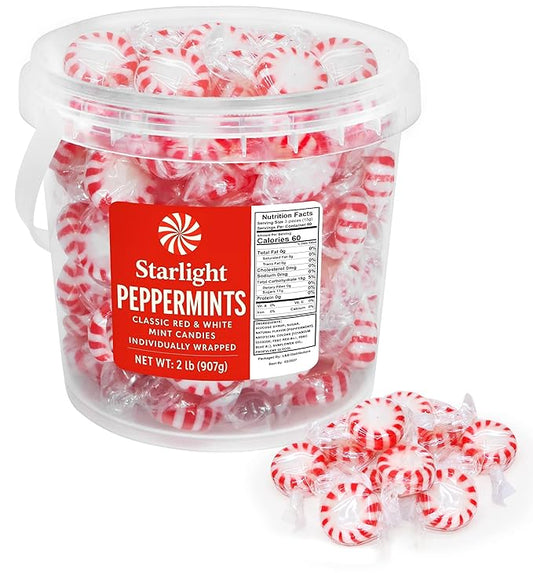 Christmas Starlight Peppermint Candy 2 Pound Bucket - Bulk Individually Wrapped Hard Mint Candies - Classic Red & White Peppermint Mints for Candy Bowls, Offices, Parties & Holiday Treats (Approx 160 Pieces)