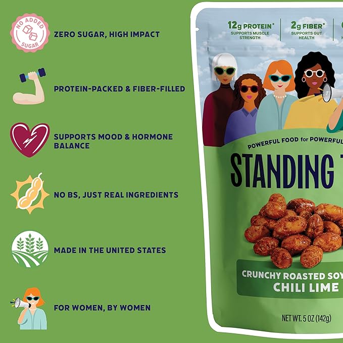 Standing Tall Roasted Soybean Snack, Chili Lime Flavor – Crunchy High-Protein Soybeans, 12g protein, 2g fiber, 0g sugar, Plant-Based Vegan Snack, Gluten-Free, Non-GMO, 3 Count Multi-Pack