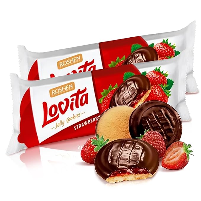 Roshen Lovita Cookies with Strawberry Jelly Filling, 4.76 oz, Golden Biscuit with Strawberry Jelly & Smooth Chocolate Glaze, European Gourmet Cookies, Pack of 2