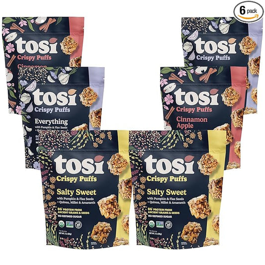 Tosi Crispy Puffs (3oz, 6 Pack), Vegan Crunchy Snacks, 8g Plant Based Protein, Nut-Free, Allergen Friendly, Healthy Snacks for Adults & Kids, Gluten Free Treats, Ancient Grains (Super Variety)