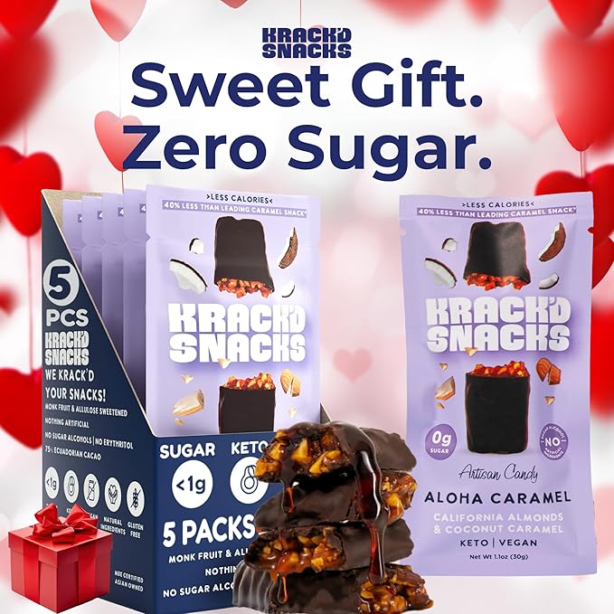 Krack’d Snacks Keto Chocolate Snack Bars - Low Carb, Vegan Chocolate with Almonds and Coconut Caramel - Gluten Free, Sugar Free (Dark Chocolate Aloha Caramel, 5 Pk)