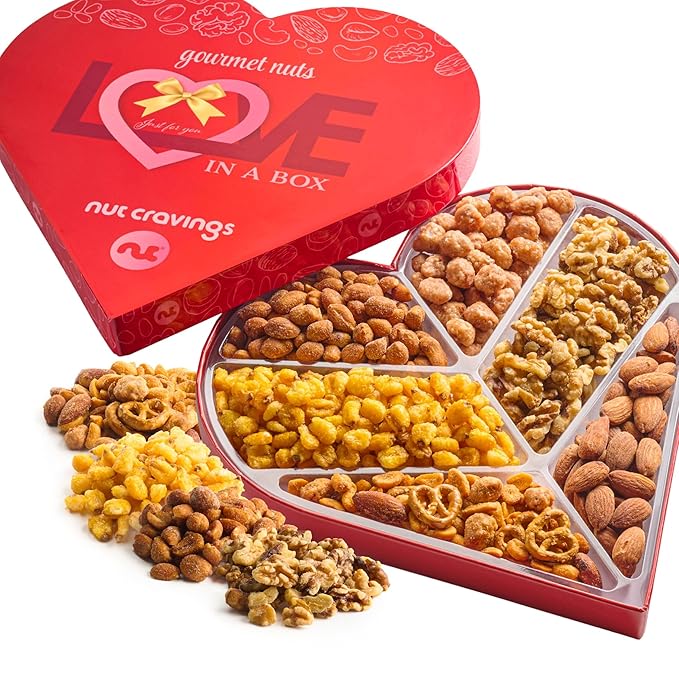 NUT CRAVINGS - Valentines Day Mixed Nuts Heart Shaped Gift Basket, Love in A Box (6 Assortments) Romantic Food Arrangement, Healthy Snack Care Package, Food Assortments
