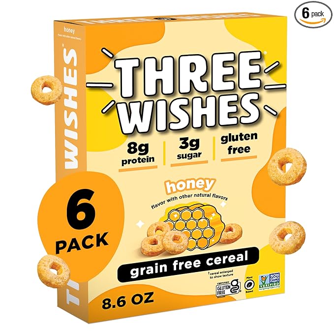 Three Wishes Grain-Free & Protein Cereal - Healthy, Low Sugar & Gluten-Free Breakfast Cereal - Low Carb, Plant-Based, Vegan & Non-GMO - Honey, 6-Pack