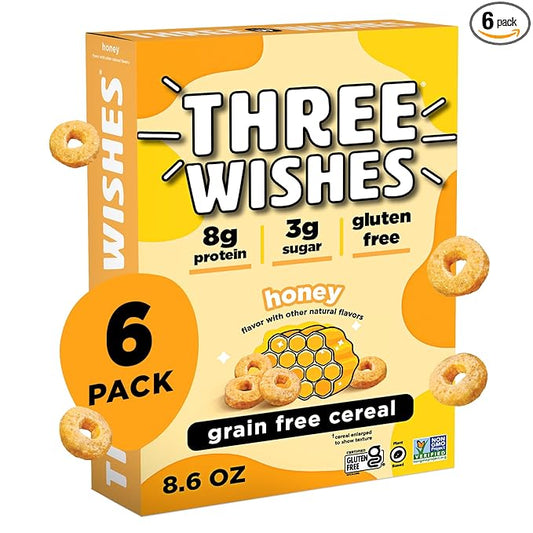 Three Wishes Grain-Free & Protein Cereal - Healthy, Low Sugar & Gluten-Free Breakfast Cereal - Low Carb, Plant-Based, Vegan & Non-GMO - Honey, 6-Pack