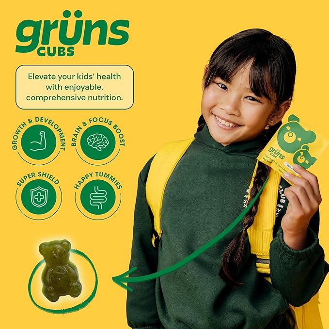 Gruns Multivitamin for Kids, Sugar-Free, Super Greens Superfood Gummy Bears with 20 Vitamins & Minerals, Alfalfa, Spirulina, Chlorella, Prebiotics Fiber for Digestive Health, Adaptogens, 28 ct