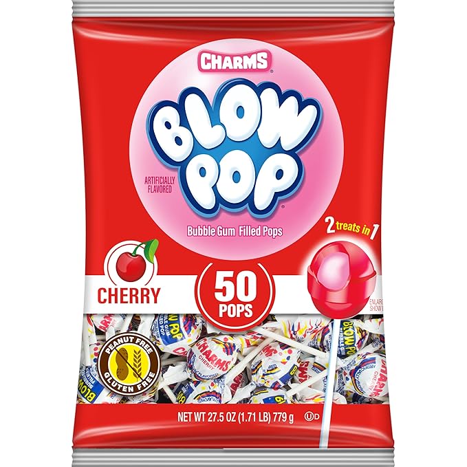 Charms Blow Pop Single Flavor Bag - Cherry Flavored Lollipops with a Bubble Gum Center - Individually Wrapped Hard Candy - Red Candy - Peanut Free, Gluten Free, 50 Count (Pack of 1)