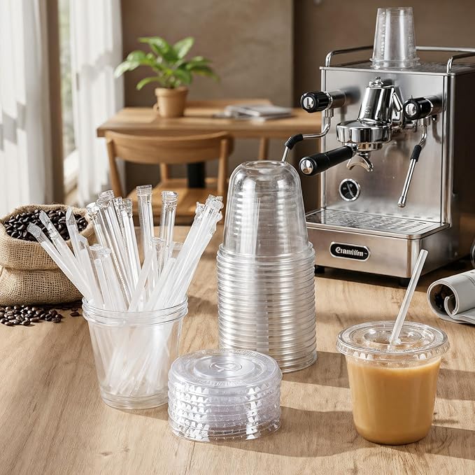 Ziliny 50 Sets Clear Plastic Cups with Lids and Straws, Disposable Iced Coffee Cups Drinking PET for Cold Drinks, Juice, Smoothie, Coffee Shops, Party, Christmas (Clear,10 oz)