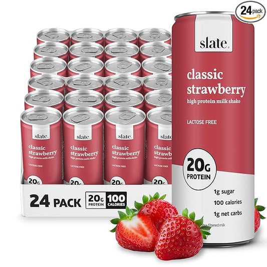 Slate Milk - High Protein Milk Shake - Classic Strawberry - Lactose Free, 20g Protein, 1g Sugar, 100 Calories, 1g Net Carbs, No Added Sugar - Natural, Breakfast Boost, Post Workout - 11 fl oz, 24 Cans