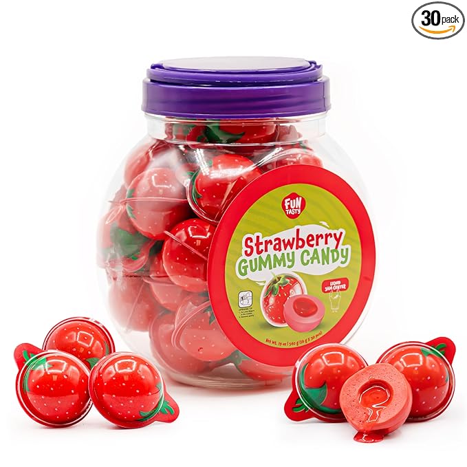 Strawberry Gummy Balls - 19 Ounce Jar (30 Count) - Jelly Filled Gummies - Individually Wrapped Gummy Candy - Fun Party Favors - Candy for Goodie Bags by Funtasty