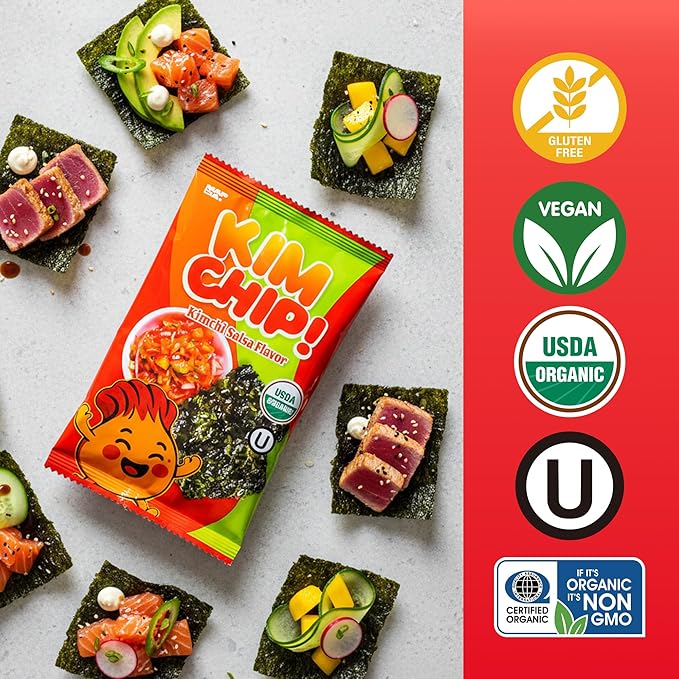 KIMCHIP (10-Pack) Spicy Kimchi Salsa Seaweed Snack – organic, vegan, gluten-free, low-calorie nori chips