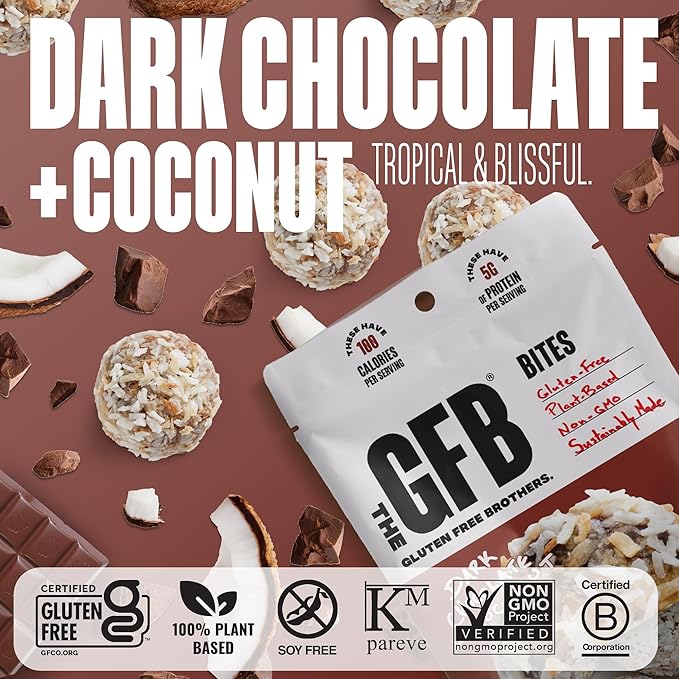 The GFB Dark Chocolate Coconut Protein Bites - Gluten Free, Plant Based, Non GMO, Sustainably Made – Ridiculously Tasty, Healthy, Vegan, Protein Energy Balls, 4 oz (4 Count)