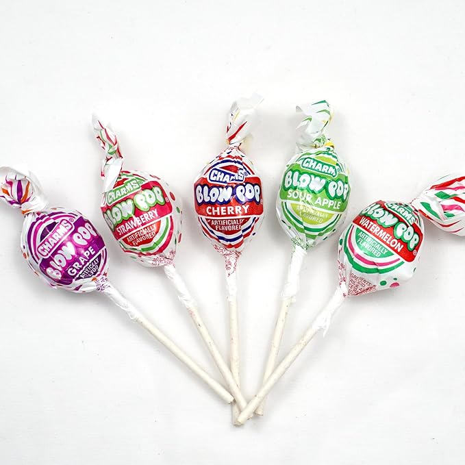 Charms Blow Pops, 3lb Bulk Bag (Approx 68), Assorted Fruit Flavored Bubble Gum Filled Lollipops, Individually Wrapped Bulk Hard Candy, The Hampton Popcorn & Candy Company
