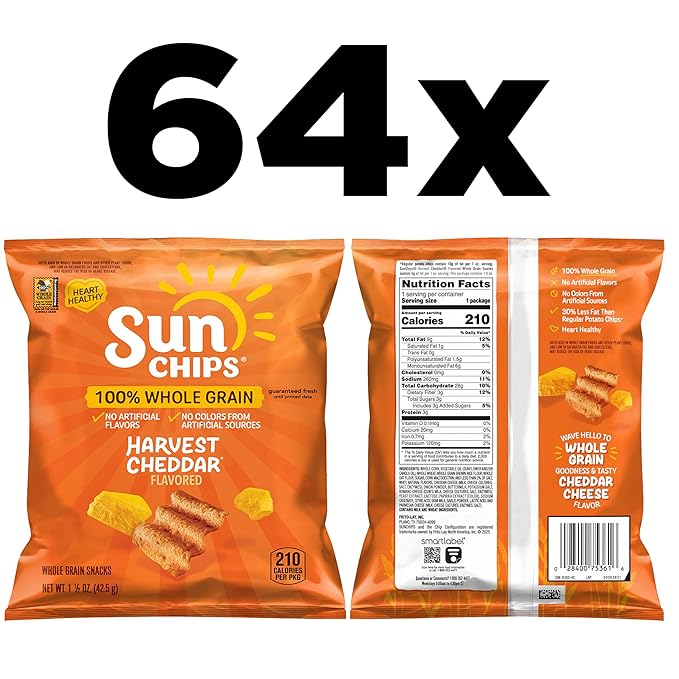 SunChips 100% Whole Grain Chips, Harvest Cheddar, 1.5 oz Bag, Pack of 64, No Artificial Flavors, No Colors from Artificial Sources
