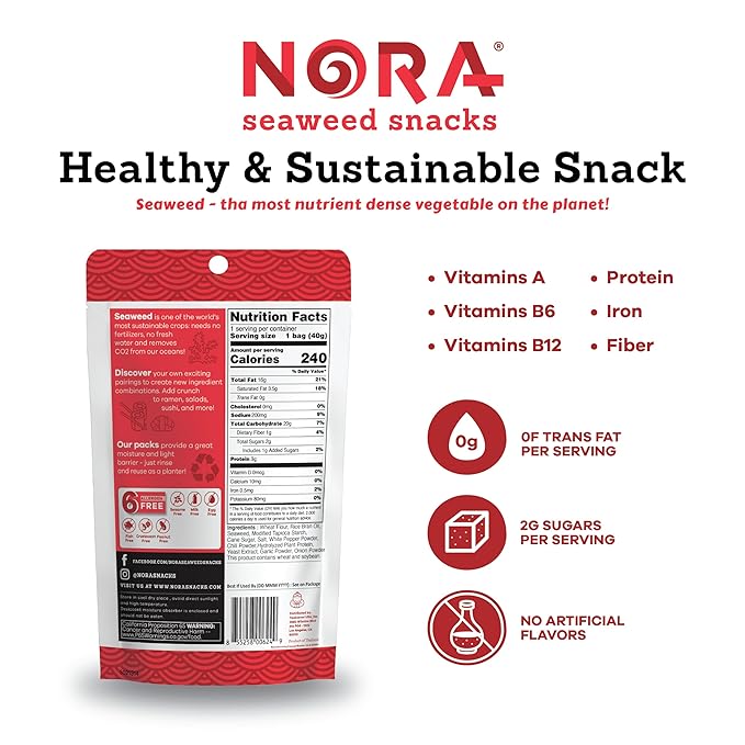 Spicy Tempura Seaweed Snacks by Nora, Thick Nori Sheets Snack Strips, Low-Carb Healthy Snacks for Adults, Asian Snacks, Vegan, Non-GMO, 6-Pack