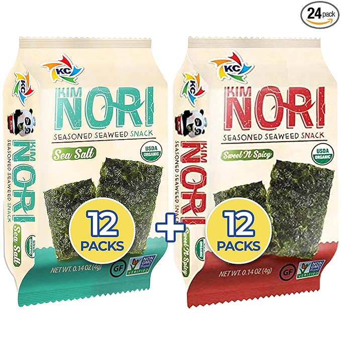 KIMNORI Seasoned Seaweed Snacks Sheets – Organic Sea Salt Sweet 'N Spicy Flavor 24 Individual Packs Roasted Crispy Premium 100% Natural Laver Kim Nori 4g 0.14 Ounce