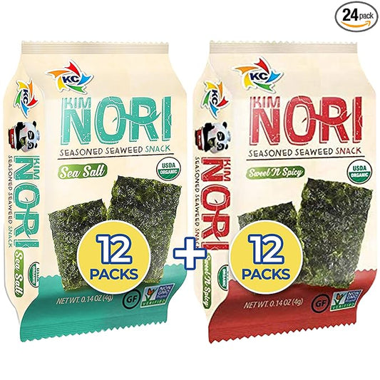 KIMNORI Seasoned Seaweed Snacks Sheets – Organic Sea Salt Sweet 'N Spicy Flavor 24 Individual Packs Roasted Crispy Premium 100% Natural Laver Kim Nori 4g 0.14 Ounce