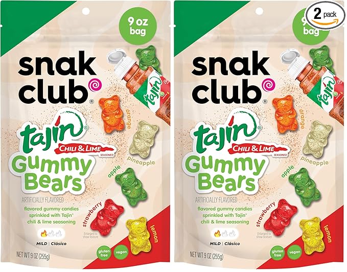 Snak Club Gummy Bears, Tajin Chili & Lime Sweet and Spicy Gummy Candy, Mild in Heat Bold in Flavor, Low-Fat, Vegan, Gluten-Free Snack, 9 oz Large Resealable Bag (Pack of 2)