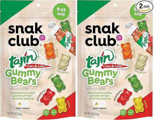 Snak Club Gummy Bears, Tajin Chili & Lime Sweet and Spicy Gummy Candy, Mild in Heat Bold in Flavor, Low-Fat, Vegan, Gluten-Free Snack, 9 oz Large Resealable Bag (Pack of 2)