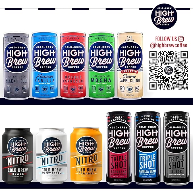 High Brew Coffee | Triple Shot Cold Brew Variety Pack – Vanilla Bean, Black & Espresso | Lightly Sweetened Iced Coffee with Pure Cane Sugar, 225mg Natural Caffeine, Low-Acid, Ready-to-Drink (8 oz Cans, Pack of 12)