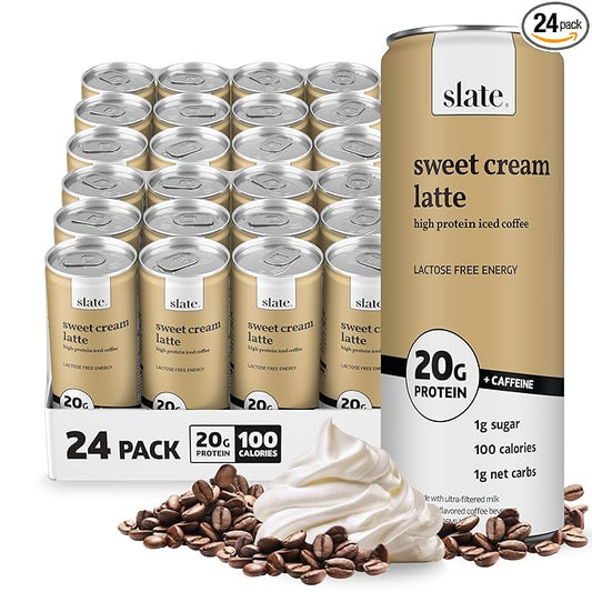 Slate Milk - High Protein Iced Coffee - Sweet Cream Latte - 175mg Caffeine, Lactose Free Energy - 20g Protein, 1g Sugar, 100 Calories, 1g Net Carbs, No Sugar Added - Protein Coffee - 11 fl oz, 24 Cans