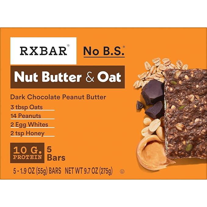 RXBAR Nut Butter and Oat Protein Bars, Protein Snacks, Snack Bars, Dark Chocolate Peanut Butter, 9.7oz Box (5 Count)