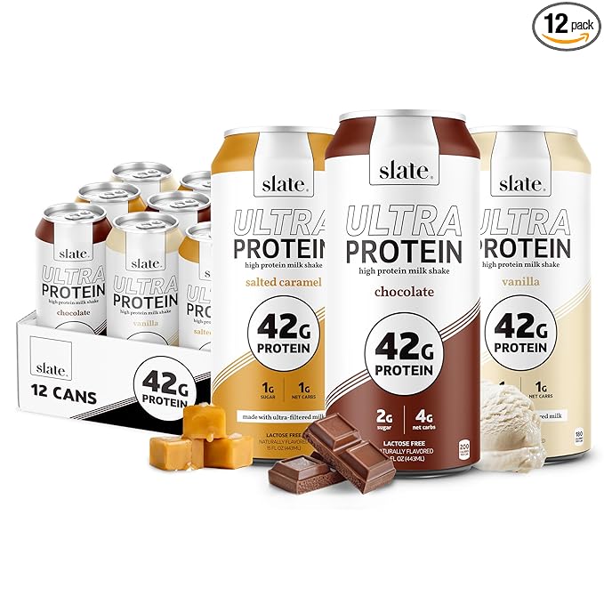 Slate Milk - Ultra Protein Shake - Sweet & Salty Pack - Chocolate, Vanilla, Salted Caramel - 42g Protein, 2g Sugar, 200 Calories, 4g Net Carbs - Lactose Free, No Added Sugar - 15 fl oz, 12 Cans