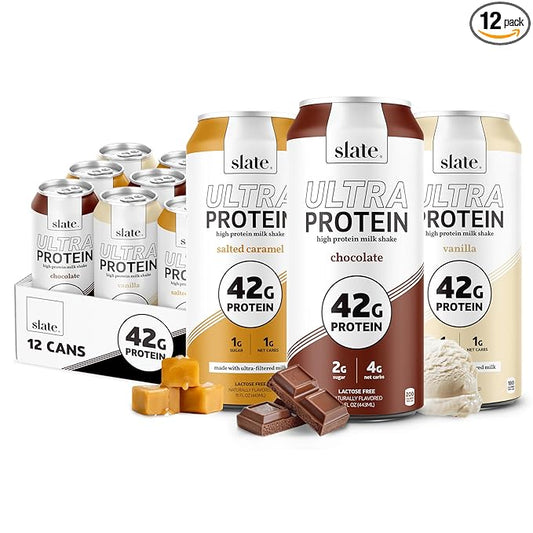 Slate Milk - Ultra Protein Shake - Sweet & Salty Pack - Chocolate, Vanilla, Salted Caramel - 42g Protein, 2g Sugar, 200 Calories, 4g Net Carbs - Lactose Free, No Added Sugar - 15 fl oz, 12 Cans