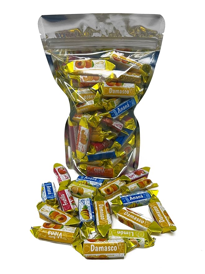 Fruity Hard Candy Filled With Real Fruit Pulp - 1 lbs - Peach, Strawberry, Pineapple, Orange and Lemon Flavored Bon Bons Filled with Real Fruit Pulp - American Vintage Candy Snack Assortment - Individually Wrapped, 16 oz.