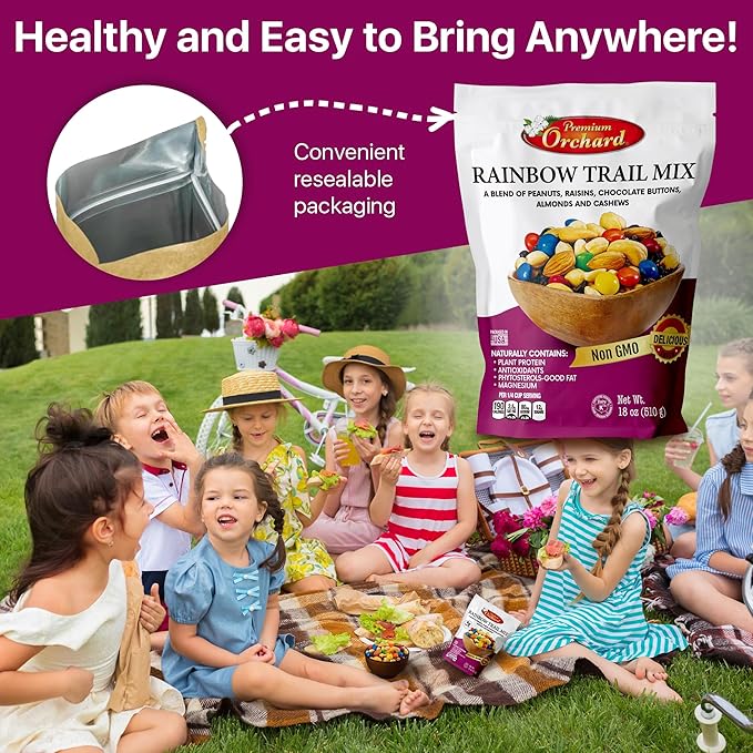 MIXED NUTS Rainbow Trail Mix by Premium Orchard - Healthy Trail Mix Variety Pack Peanuts Raisins Cashews Almonds Chocolate Buttons Heart Healthy Snacks for Adults and Kids Snacks