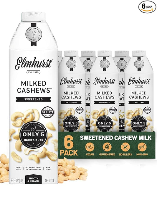 Elmhurst 1925 Sweetened Cashew Milk - 32 Ounce (Pack of 6) Dairy-Free, Vegan, Kosher, Gluten-Free, Shelf Stable Plant Based Milk Made with Water & Cashews for Healthier Coffee, Latte & Smoothies