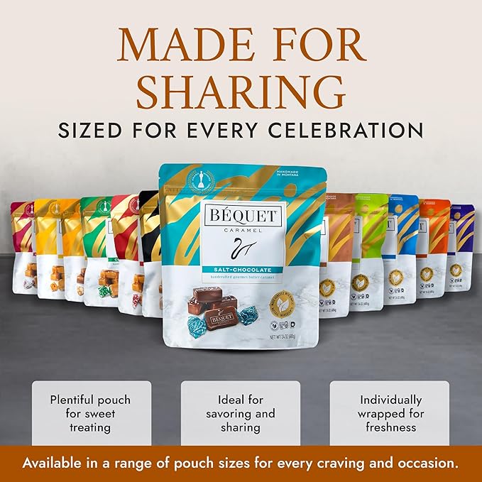 Béquet Caramel - Salt Chocolate Caramel - Caramel Candy Individually Wrapped - Gourmet Caramel Candy - Made in Montana - Kosher (Star-D) and Gluten Free - 24oz Resealable Pouch