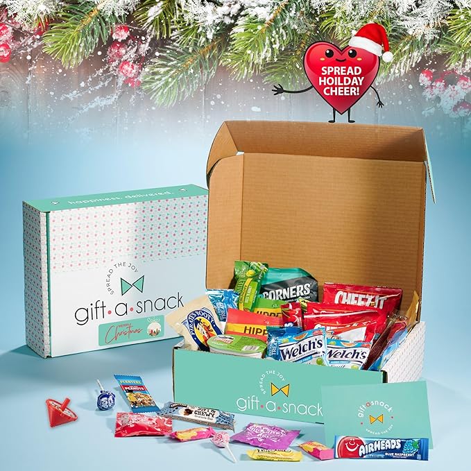Gift A Snack - Christmas Stocking Stuffed, Pre-filled Holiday Snack Box Care Package + Greeting Card (40 Count) Sweet Treats Gift Basket, Candies Chips Office Food Assortments