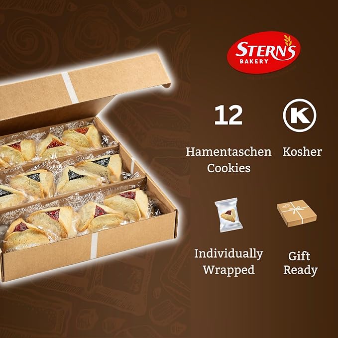 Hamentaschen Cookies Individually Wrapped [12 Count] Filled with Apricot, Prune & Raspberry Jam | Purim Gift Basket | Mishloach Manot for Mom, Dad & Friends | Kosher & Nut Free | Stern’s Bakery
