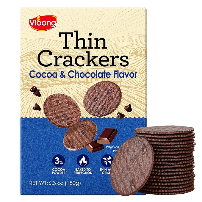 Vloong Thin Crackers Cocoa & Chocolate Flavor, Chocolate Wafer Cookies, Crispy Cookie Thins with No Artificial Flavors, Individually Wrapped Office Snack, 1.65'' Diameter (1 Pack, 6.3 Ounce)