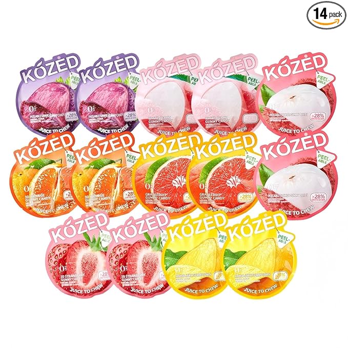 Happy Global Kozed Peelable Gummy Candy 14 Mixed Flavors Variety Pack, Fun Fruity Role Party Snack, Chewy Sweet Treat with Juicy Flavor,Halal-Certified Holiday Gifts