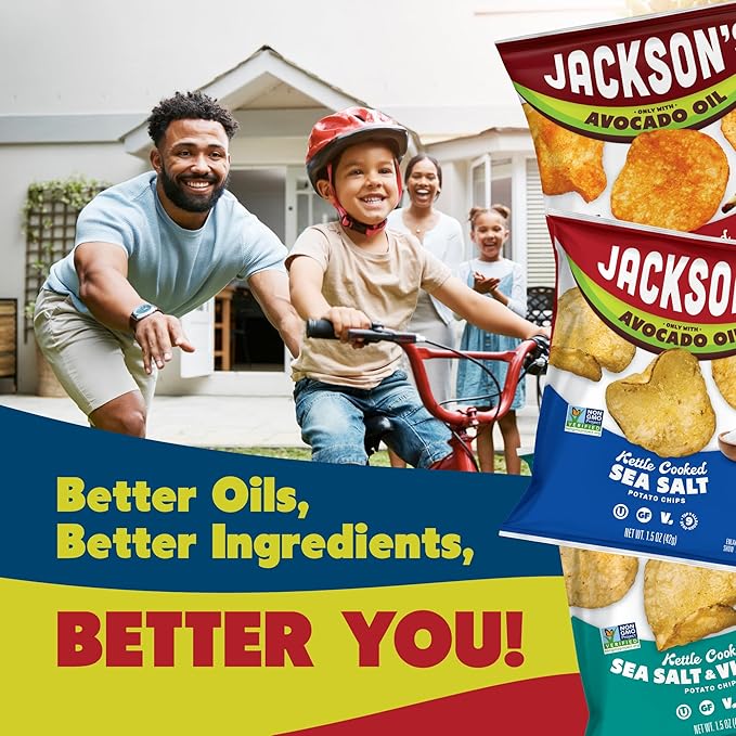 Jackson’s Classic Kettle Potato Chips (Variety Pack, 1.5 oz, Pack of 18) - Made with Premium Avocado Oil, Sea Salt, Salt & Vinegar and BBQ Flavors - Allergen-friendly, Gluten Free, Vegan
