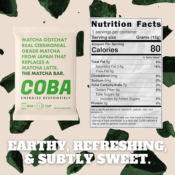 COBA Caffeinated Coffee Chocolate [1 Bar = 1 Cup of Matcha] - Energy Boost, Portable, All Natural Caffeine for Gym, Travel, Daily Use - Gluten Free, Non GMO (8 Pack, Matcha)
