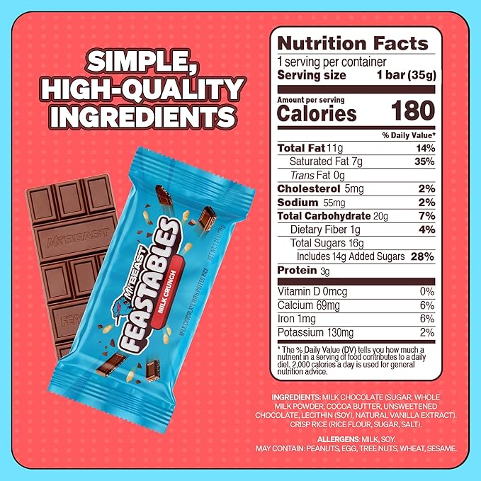 Feastables MrBeast Milk Chocolate Crunch Chocolate Bar, Full Size Bar for Adults & Kids, Candy Bars, Snacks, Gifts, & Dessert, Fairtrade Cocoa, 1.24 Oz Each, 24 Count