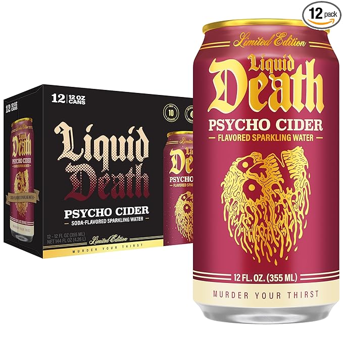 Liquid Death Soda-Flavored Sparkling Water - Psycho Cider (Apple Cinnamon), Less Sugar*, Huge Flavor, No Caffeine, No Artificial Sweeteners, 12 Fl Oz (Pack of 12)