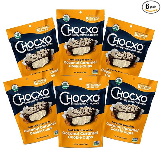 Chocxo Dark Milk Coconut Caramel Cookie Cups - Lower Sugar, Organic, NonGMO, Keto, Gluten Free, Kosher. 58% Cacao, No Artificial Sweeteners/Sugar Alcohols, 3.45 oz (Pack of 6)