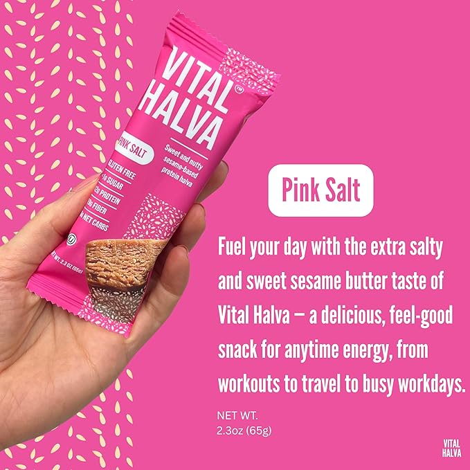 Vital Halva Vegan Protein Fiber Bar, Pink Salt, Gluten Free, Dairy Free, Soy Free, Low Sugar, No Added Sugar, 12G Protein, 19G Fiber, 6G Carb, Snack Bar, 10ct