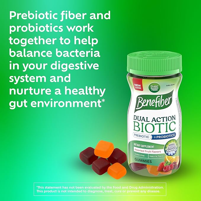 Benefiber Prebiotic Fiber Supplement Gummies with Probiotics for Digestive Health, Assorted Fruit Flavors - 50 Count