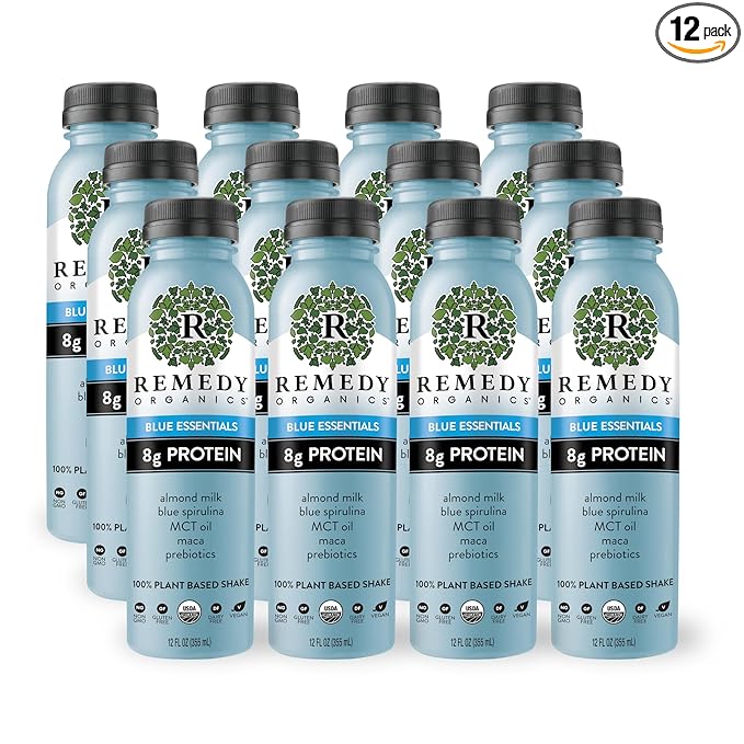 Remedy Organics Blue Essentials 12-Pack | Plant Based 8g Protein Shakes, Ready to Drink | USDA Organic, Gluten Free, Dairy Free, Soy Free