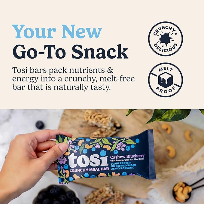 Tosi Meal Nut Bars, Cashew Blueberry, Healthy Snacks for Adults & Kids, Crunchy Plant Based Protein Bar (14G), Keto Snacks, Vegan, Gluten & Soy Free, Low Sugar, Omega 3s, 2.4oz, 12-Pack