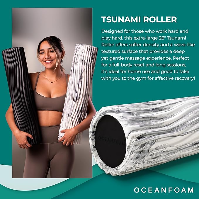 Oceanfoam Tsunami Roller (Black Marbled) - Extra-Large, 26" x 5.9" - Soft, Textured Foam Roller for Physical Therapy, Back Pain, Exercise & Stretching - Wave Textured - Yoga, Athletics, & Wellness