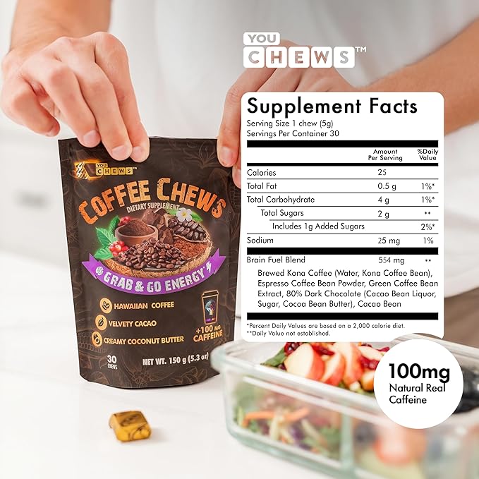 YouChews Coffee Chews - Grab & Go Energy with 100mg per Chew of Clean, Green Caffeine. With Real Organic Ingredients, Low Sugar, Great Bold Taste & Long Lasting Energy Boost (Pack of 2)